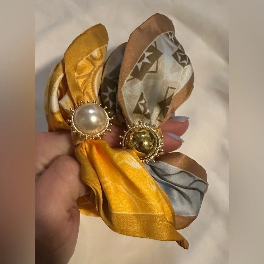 NWT Anthropologie Charmed Scarf Scrunchies Pattern Yellow Blue Tan Faux Pearl